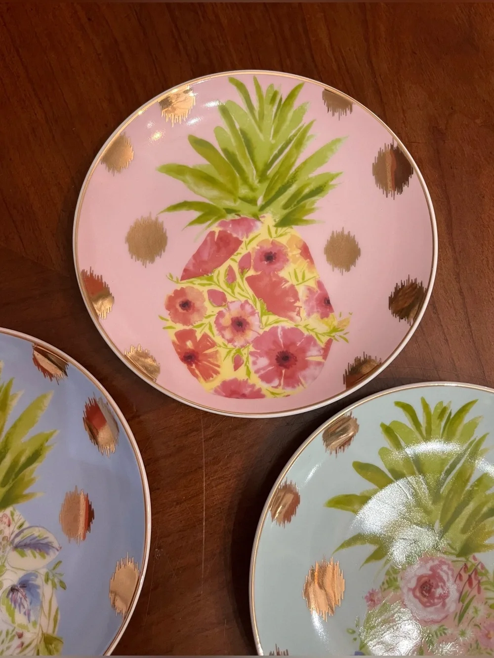 VTG Pier 1 Imports Pineapple Appetizer Plates Pastel Gold Polka Dot Set of 4
